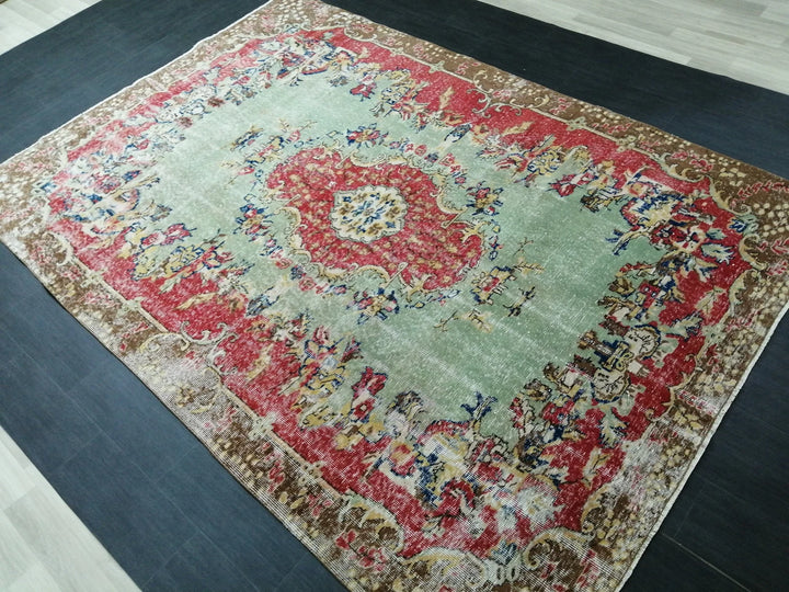 Red Turkish Runner Rug 6' 8" x 9' 6" Hand-Knotted | No. WR87646