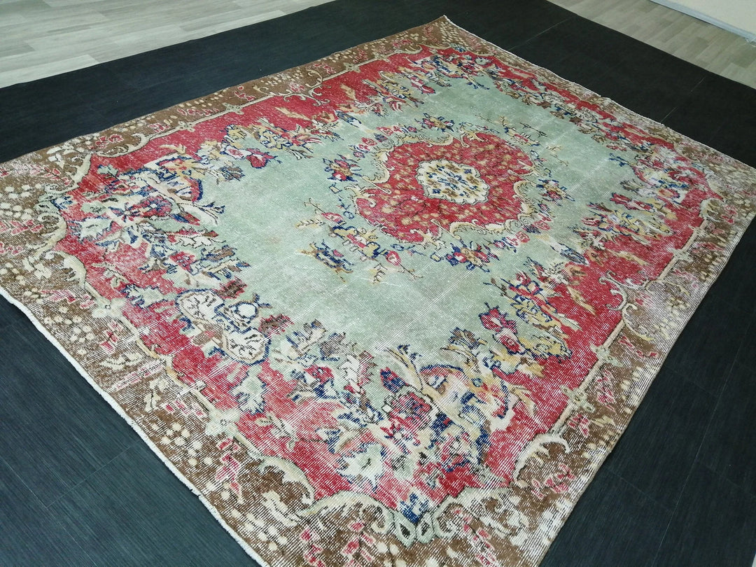 Red Turkish Runner Rug 6' 8" x 9' 6" Hand-Knotted | No. WR87646
