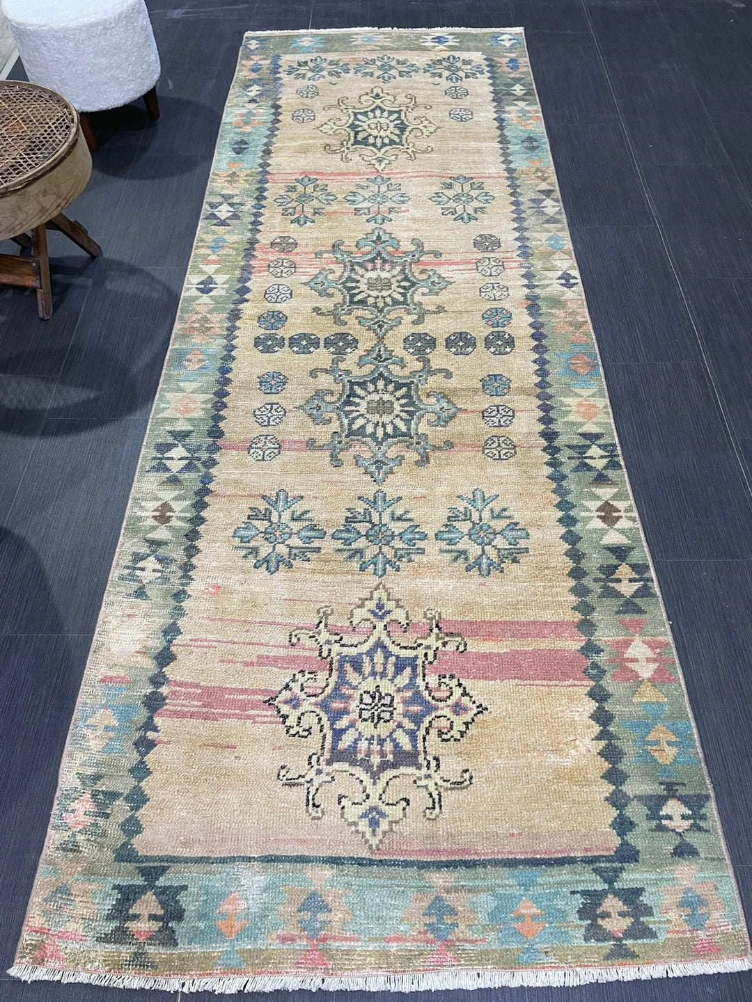 Beige Turkish Runner Rug 3' 1" x 9' Hand-Knotted | No. WR87662