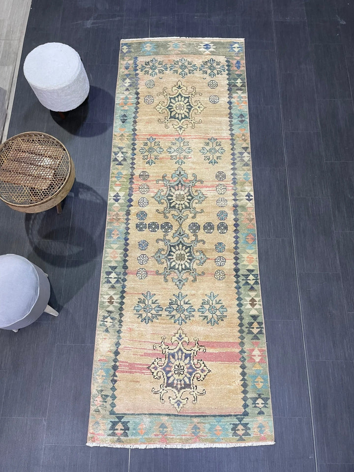 Beige Turkish Runner Rug 3' 1" x 9' Hand-Knotted | No. WR87662