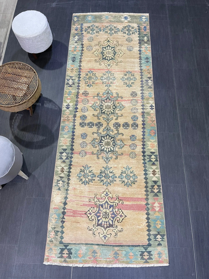 Beige Turkish Runner Rug 3' 1" x 9' Hand-Knotted | No. WR87662