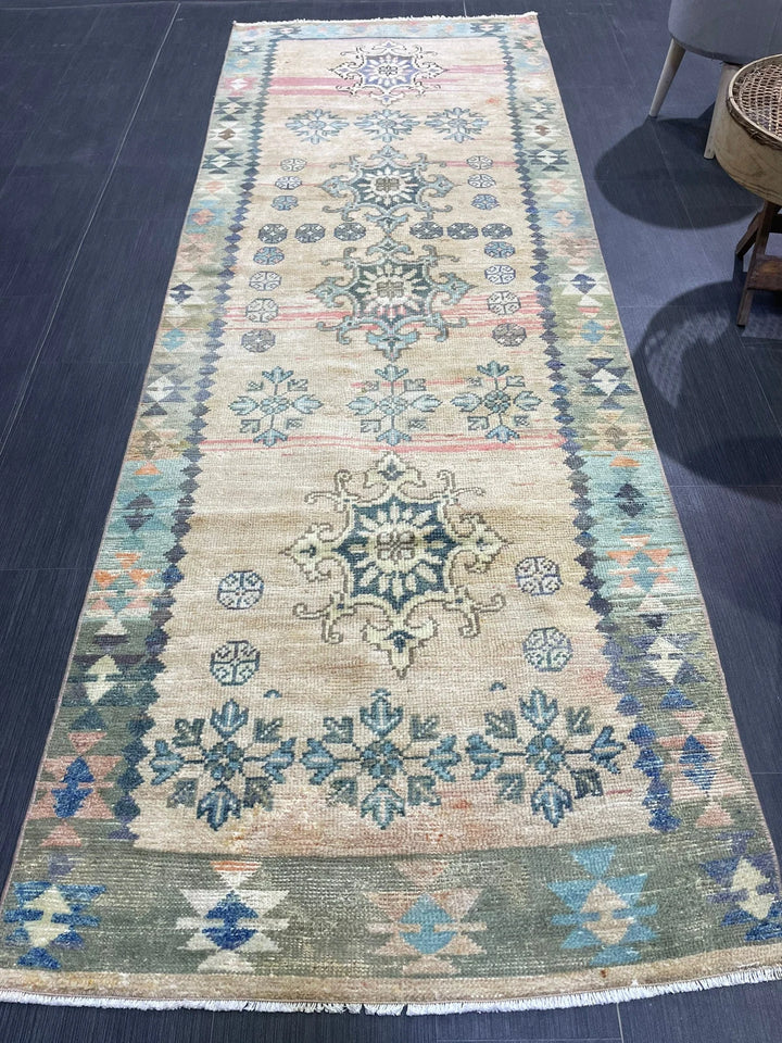 Beige Turkish Runner Rug 3' 1" x 9' Hand-Knotted | No. WR87662