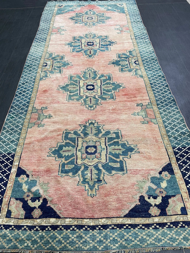Green Turkish Runner Rug 4' 3" x 10' 1" Hand-Knotted | No. WR88261