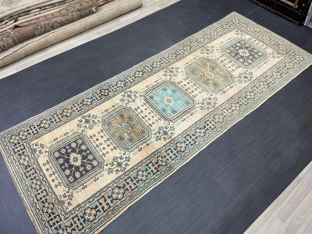Beige Turkish Runner Rug 4' 6" x 11' 9" Hand-Knotted | No. WR88852