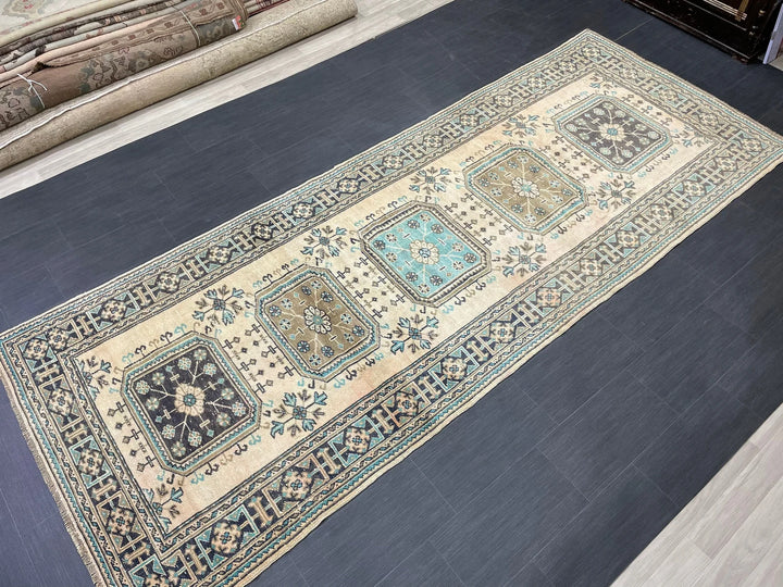 Beige Turkish Runner Rug 4' 6" x 11' 9" Hand-Knotted | No. WR88852