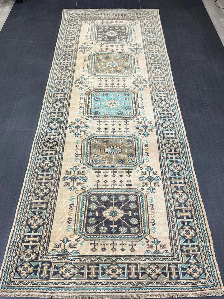 Beige Turkish Runner Rug 4' 6" x 11' 9" Hand-Knotted | No. WR88852