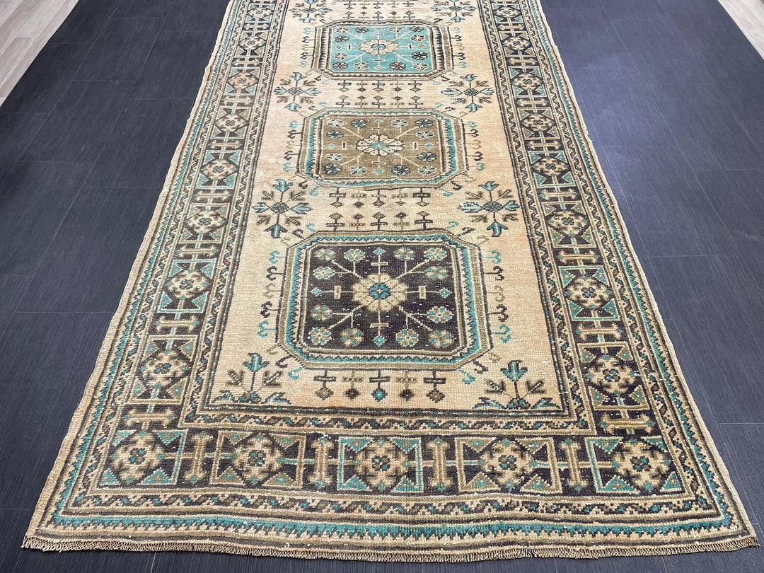 Beige Turkish Runner Rug 4' 6" x 11' 9" Hand-Knotted | No. WR88852