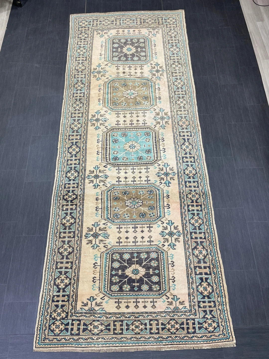 Beige Turkish Runner Rug 4' 6" x 11' 9" Hand-Knotted | No. WR88852