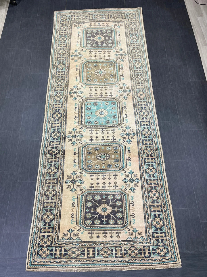 Beige Turkish Runner Rug 4' 6" x 11' 9" Hand-Knotted | No. WR88852