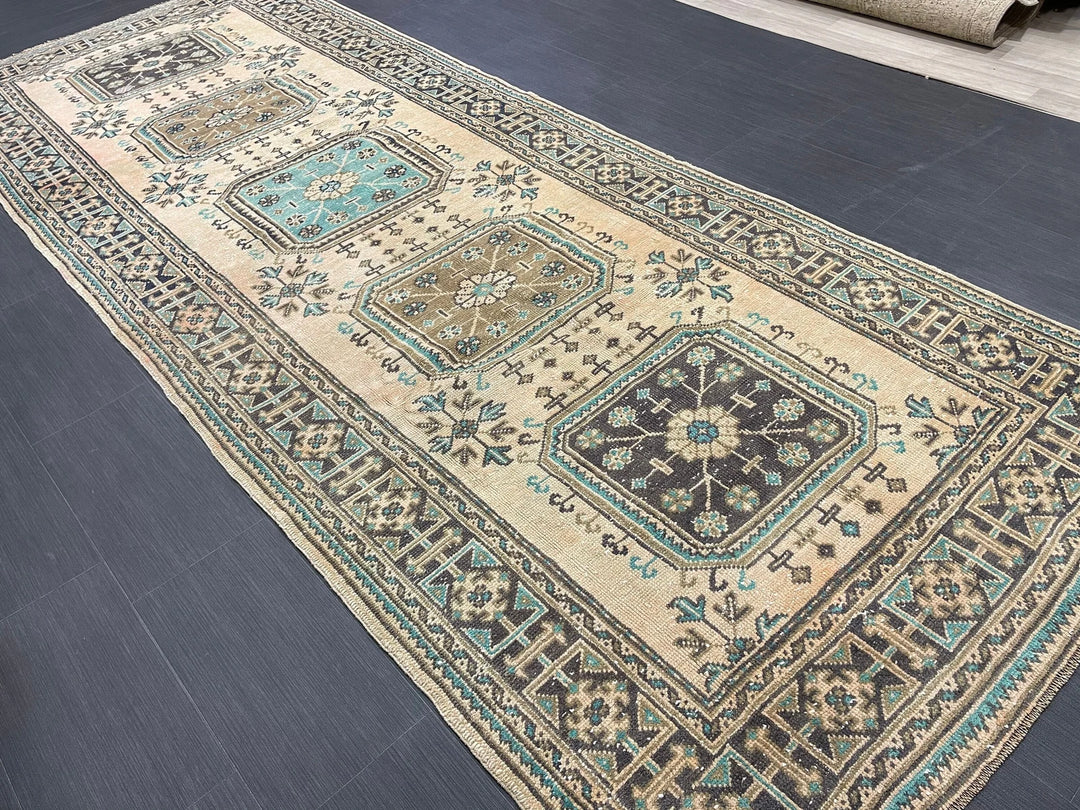 Beige Turkish Runner Rug 4' 6" x 11' 9" Hand-Knotted | No. WR88852
