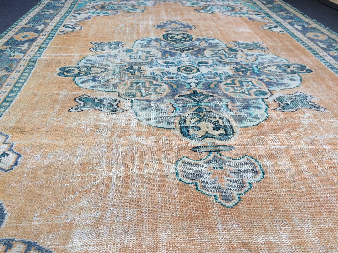 Beige Turkish Runner Rug 7' x 11' 5" Hand-Knotted | No. WR89041