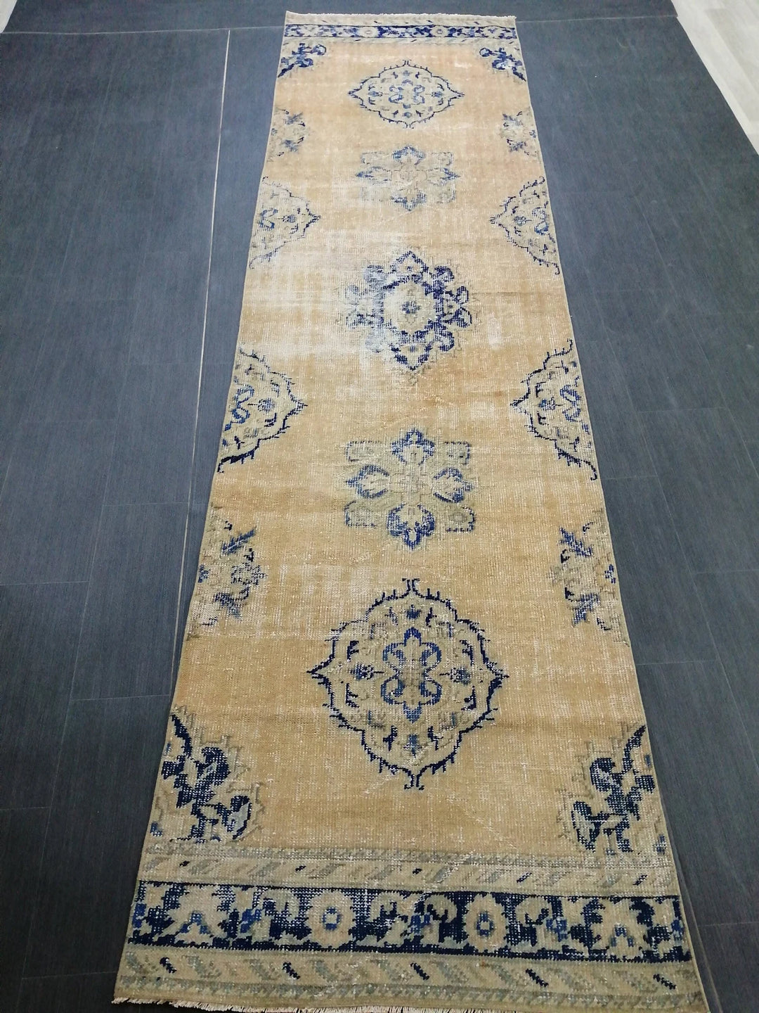 Blue Turkish Runner Rug 3' 2" x 12' Hand-Knotted | No. WR89155