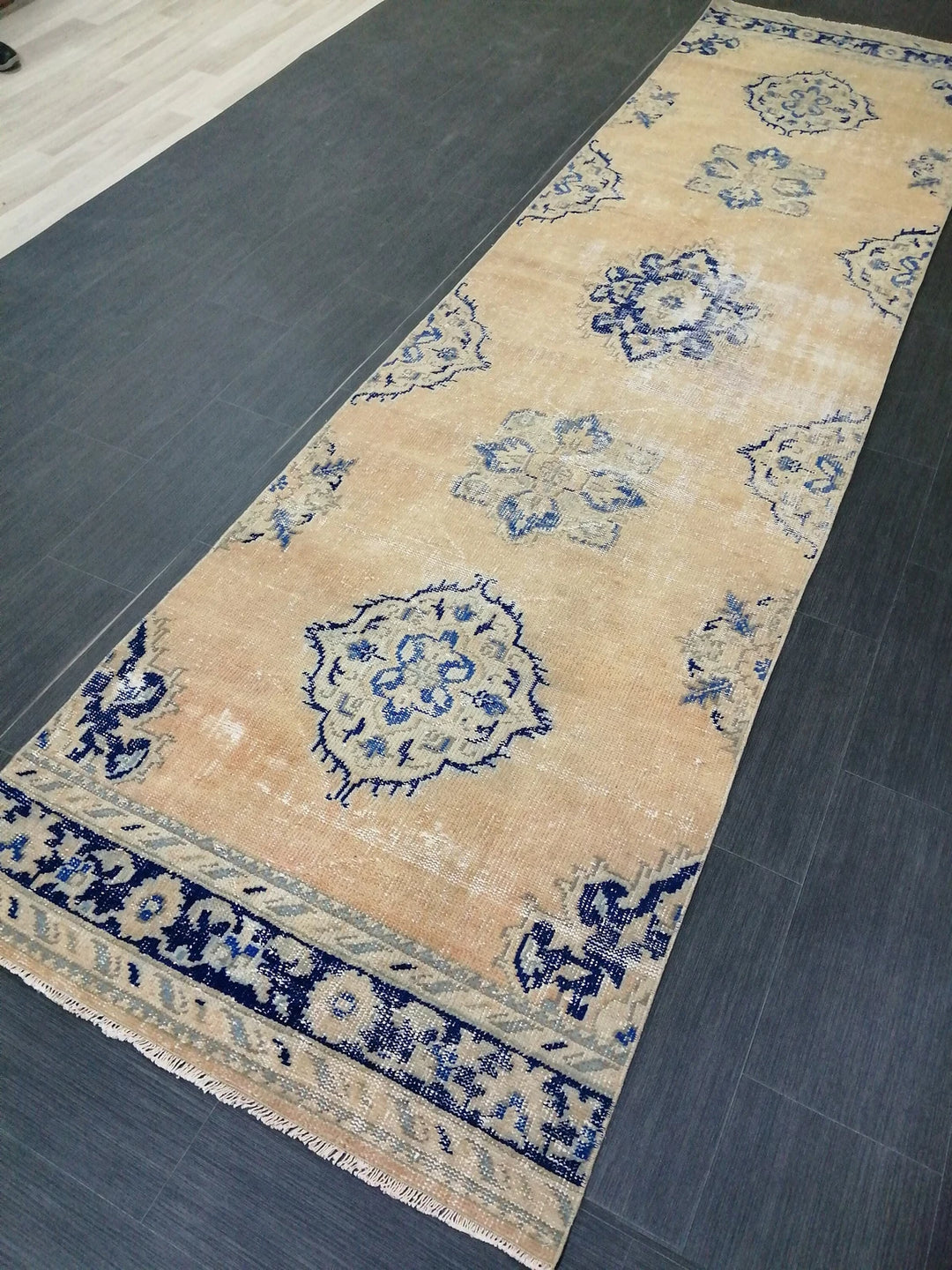 Blue Turkish Runner Rug 3' 2" x 12' Hand-Knotted | No. WR89155