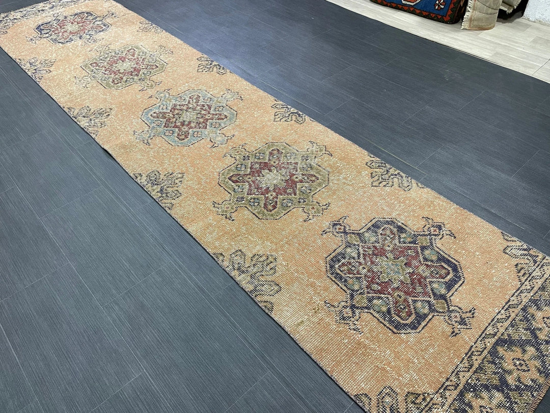 Beige Turkish Distressed Runner Rug 2' 7" x 11' 4" Hand-Knotted | No. WR89822