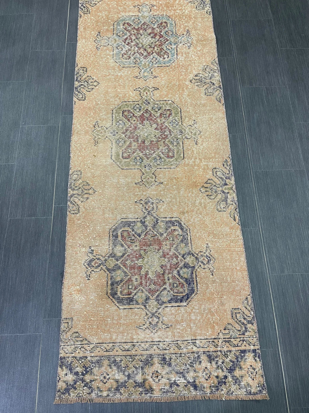 Beige Turkish Distressed Runner Rug 2' 7" x 11' 4" Hand-Knotted | No. WR89822