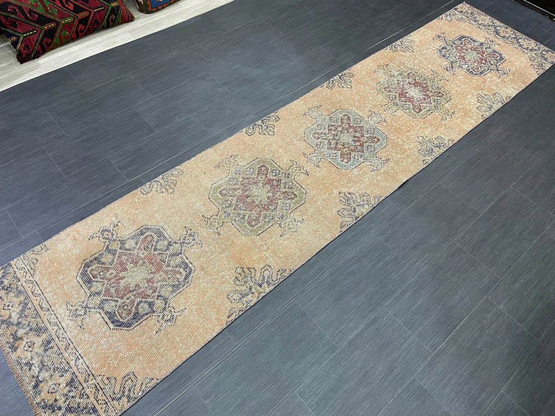 Beige Turkish Distressed Runner Rug 2' 7" x 11' 4" Hand-Knotted | No. WR89822