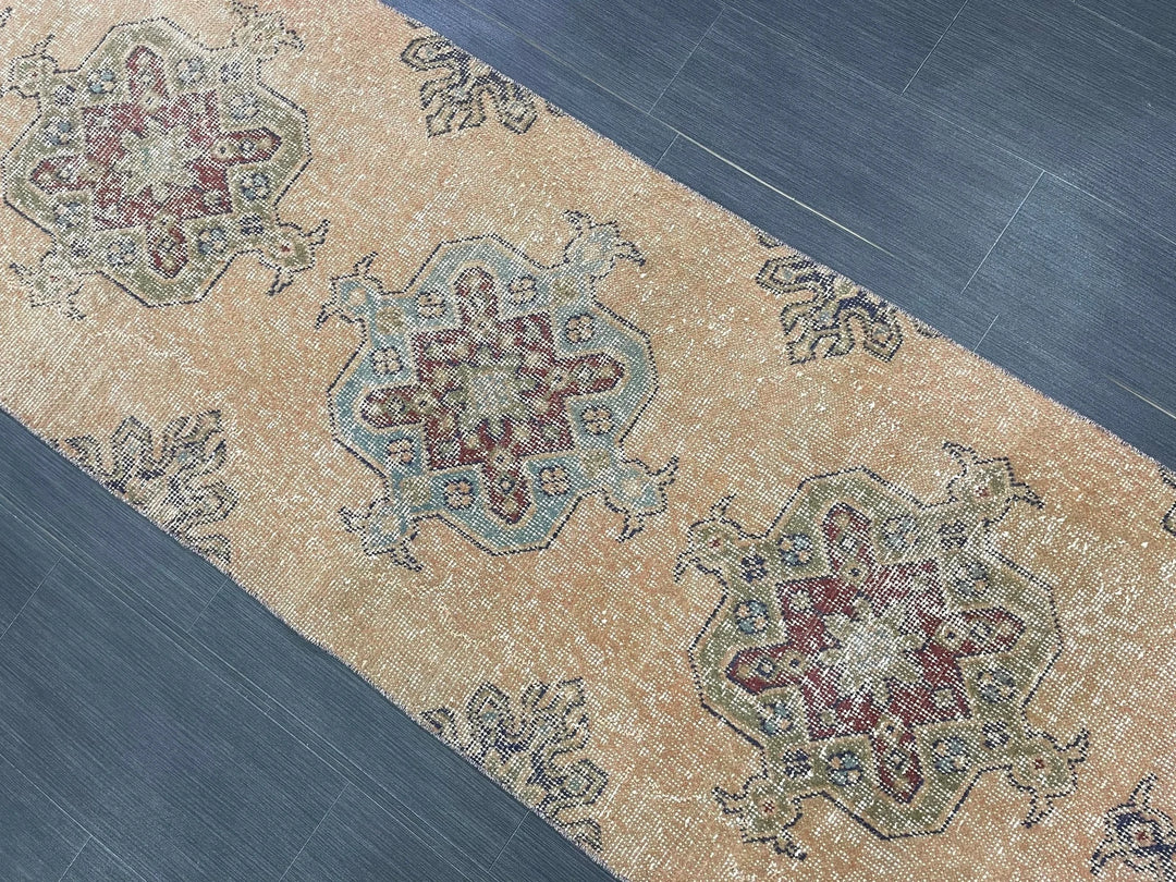 Beige Turkish Distressed Runner Rug 2' 7" x 11' 4" Hand-Knotted | No. WR89822