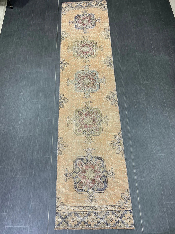 Beige Turkish Distressed Runner Rug 2' 7" x 11' 4" Hand-Knotted | No. WR89822