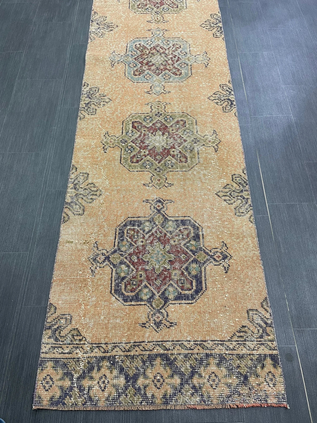 Beige Turkish Distressed Runner Rug 2' 7" x 11' 4" Hand-Knotted | No. WR89822