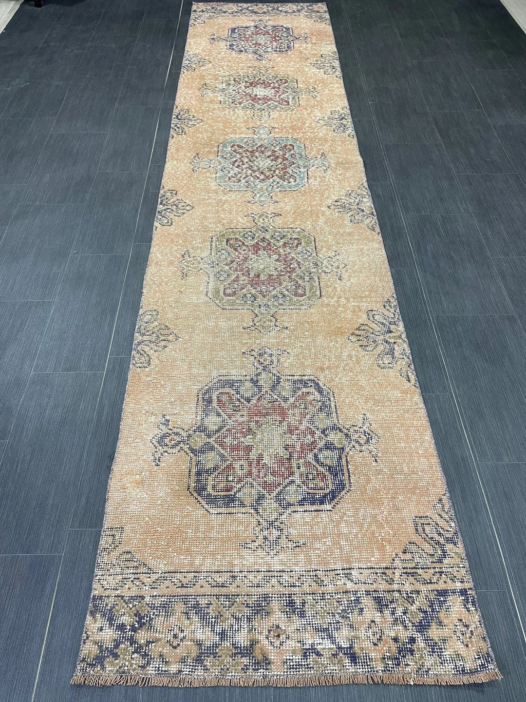 Beige Turkish Distressed Runner Rug 2' 7" x 11' 4" Hand-Knotted | No. WR89822