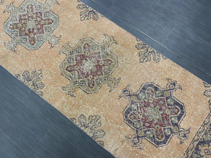 Beige Turkish Distressed Runner Rug 2' 7" x 11' 4" Hand-Knotted | No. WR89822