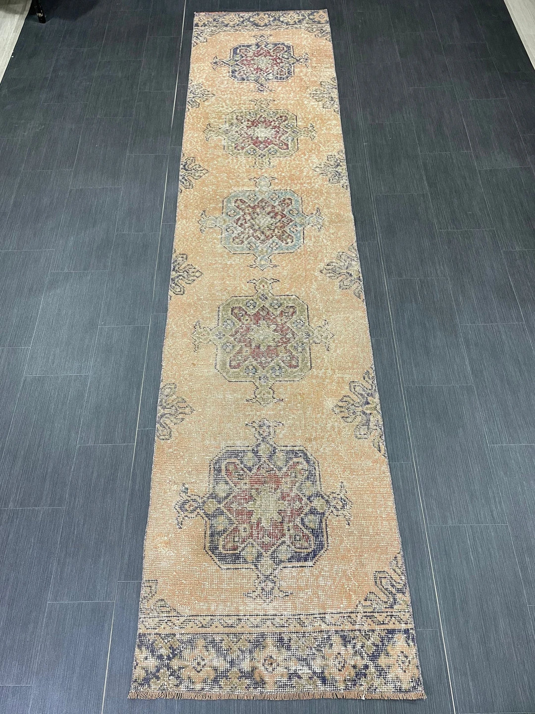 Beige Turkish Distressed Runner Rug 2' 7" x 11' 4" Hand-Knotted | No. WR89822