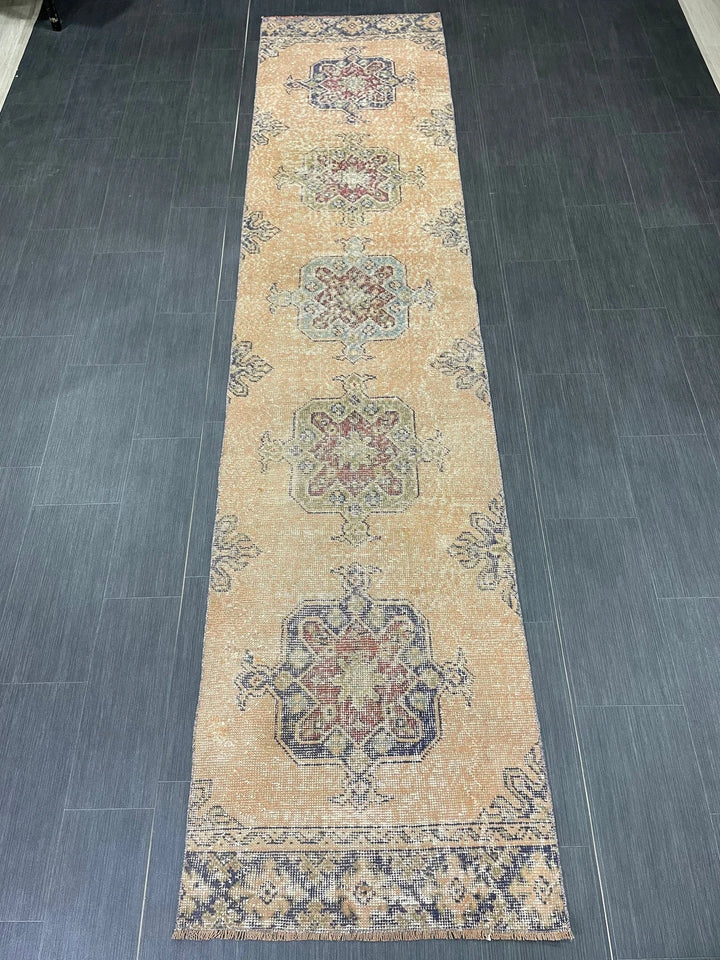 Beige Turkish Distressed Runner Rug 2' 7" x 11' 4" Hand-Knotted | No. WR89822
