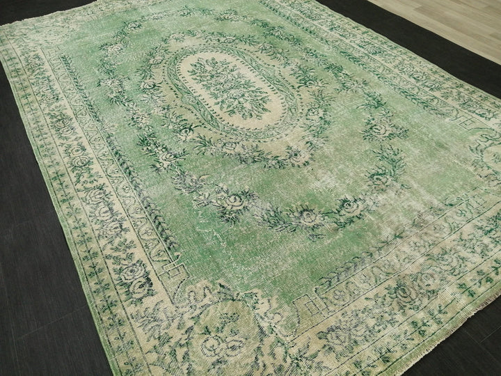 Green Turkish Runner Rug 6' 11" x 10' 3" Hand-Knotted | No. WR90460