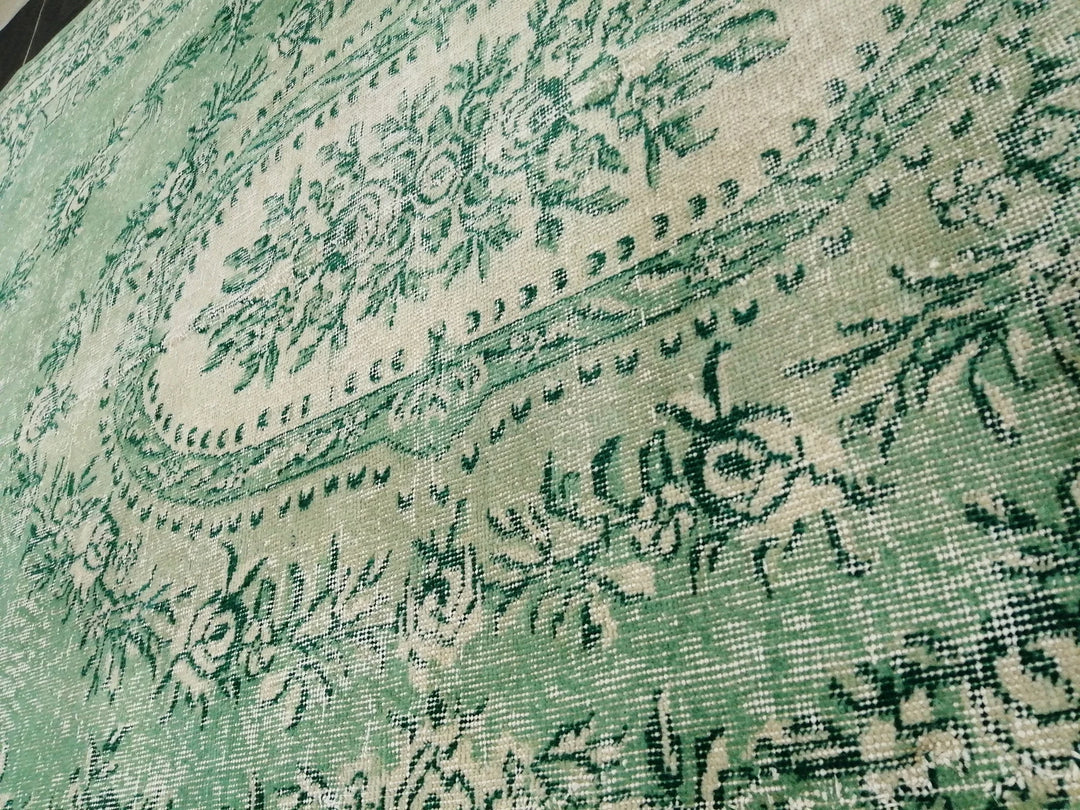 Green Turkish Runner Rug 6' 11" x 10' 3" Hand-Knotted | No. WR90460