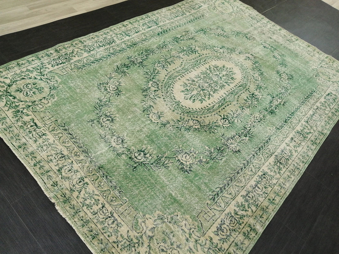 Green Turkish Runner Rug 6' 11" x 10' 3" Hand-Knotted | No. WR90460