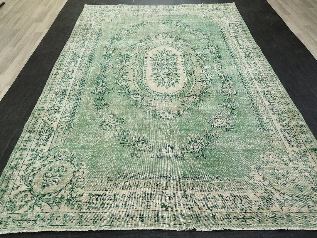 Green Turkish Runner Rug 6' 11" x 10' 3" Hand-Knotted | No. WR90460