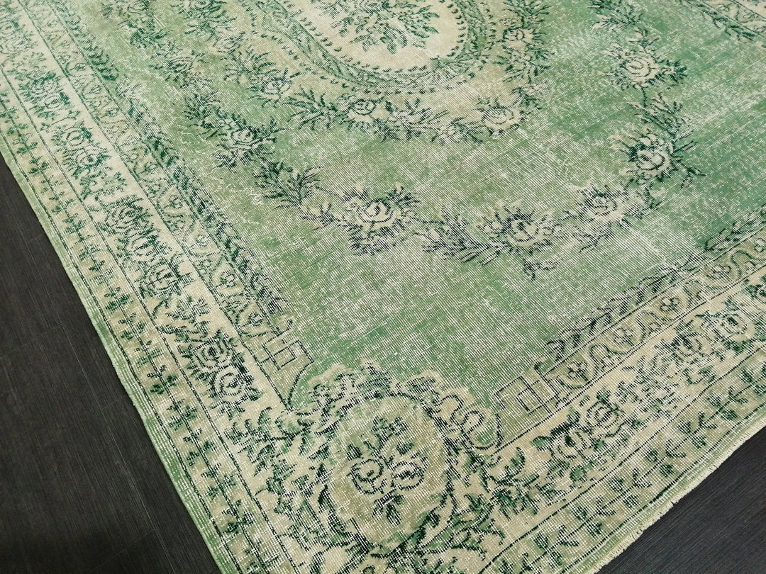 Green Turkish Runner Rug 6' 11" x 10' 3" Hand-Knotted | No. WR90460