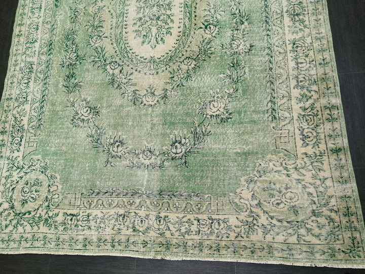 Green Turkish Runner Rug 6' 11" x 10' 3" Hand-Knotted | No. WR90460
