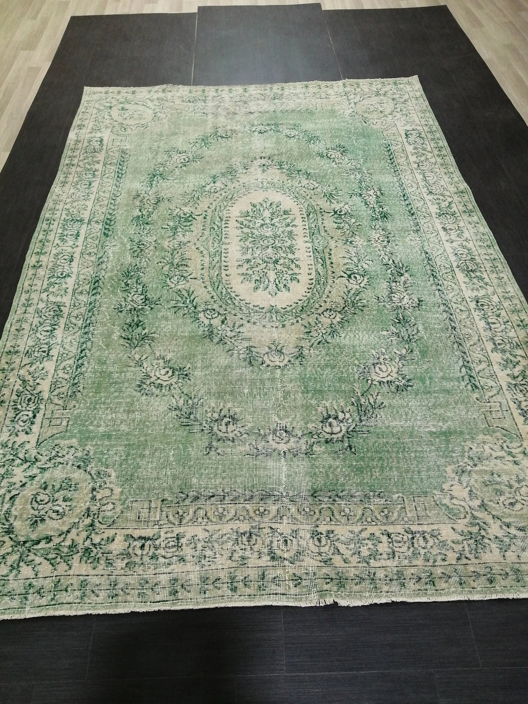 Green Turkish Runner Rug 6' 11" x 10' 3" Hand-Knotted | No. WR90460