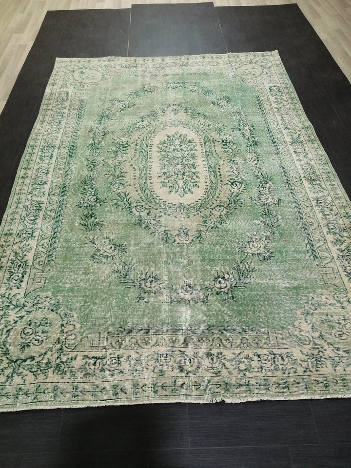 Green Turkish Runner Rug 6' 11" x 10' 3" Hand-Knotted | No. WR90460