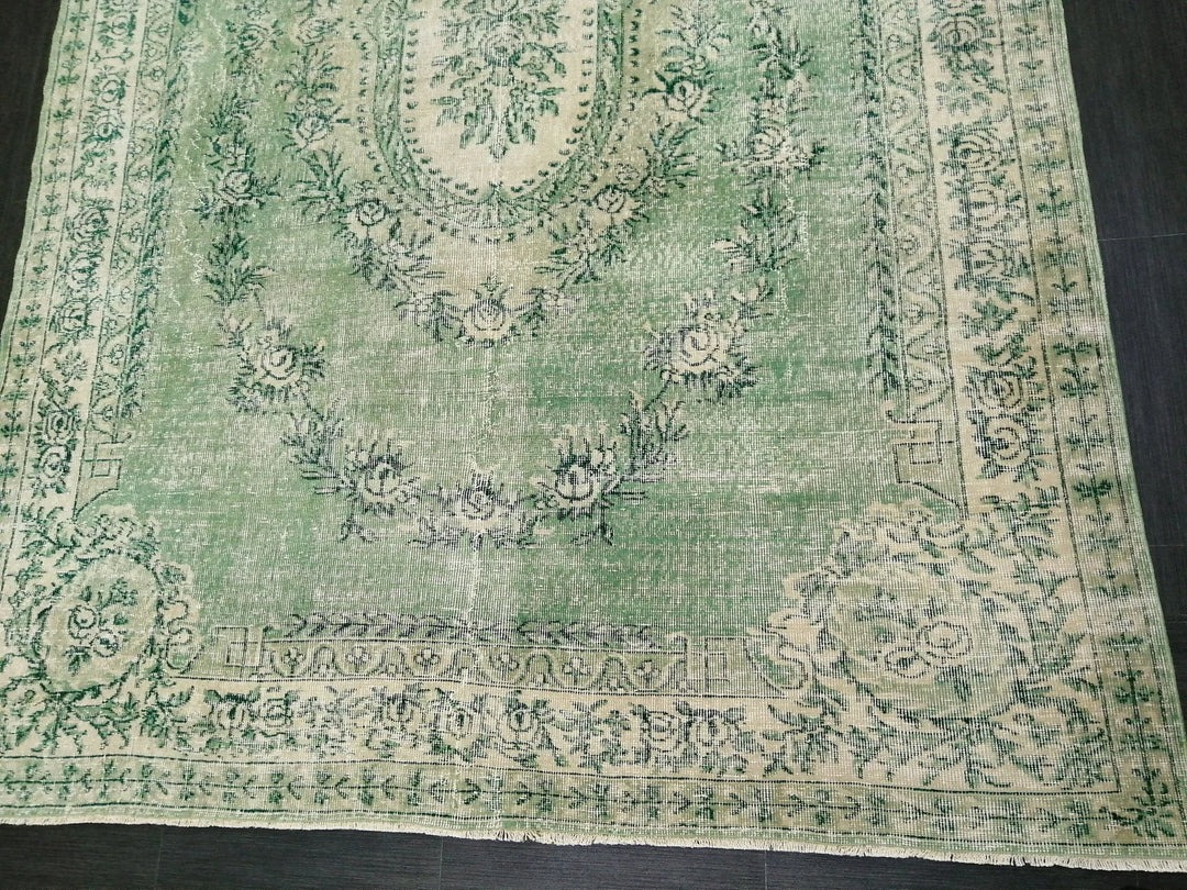 Green Turkish Runner Rug 6' 11" x 10' 3" Hand-Knotted | No. WR90460