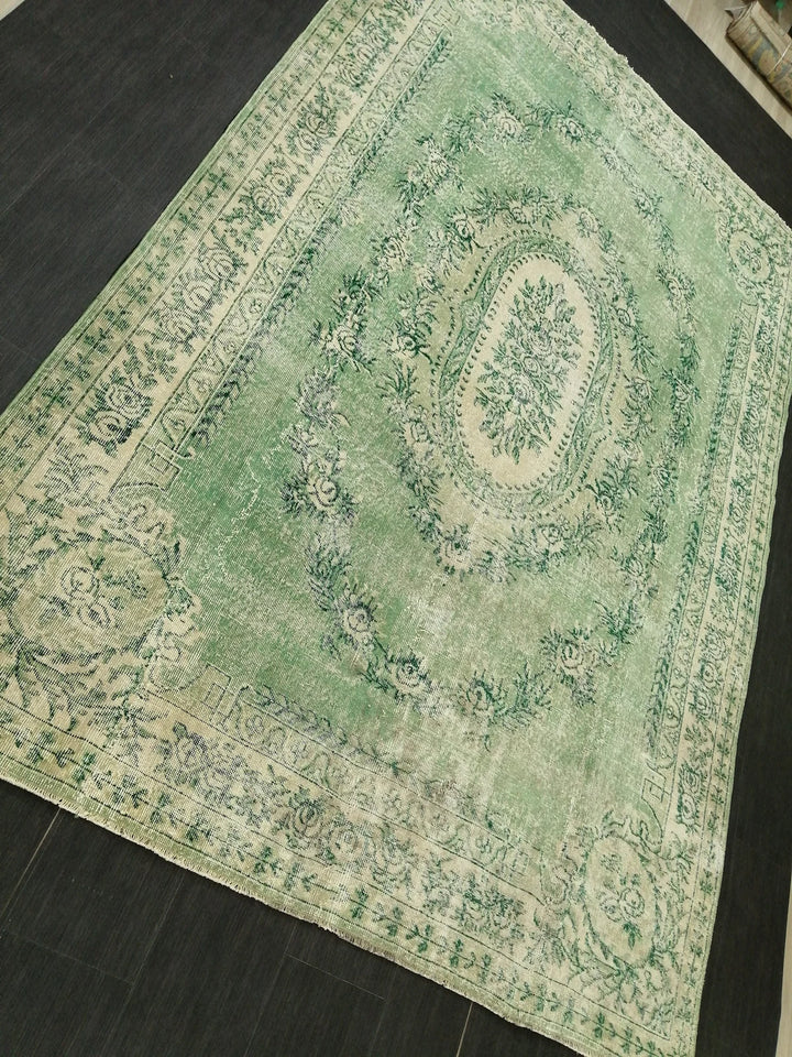 Green Turkish Runner Rug 6' 11" x 10' 3" Hand-Knotted | No. WR90460