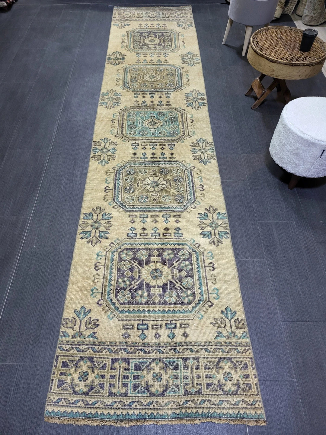 Beige Turkish Runner Rug 2' 6" x 11' 2" Hand-Knotted | No. WR92166
