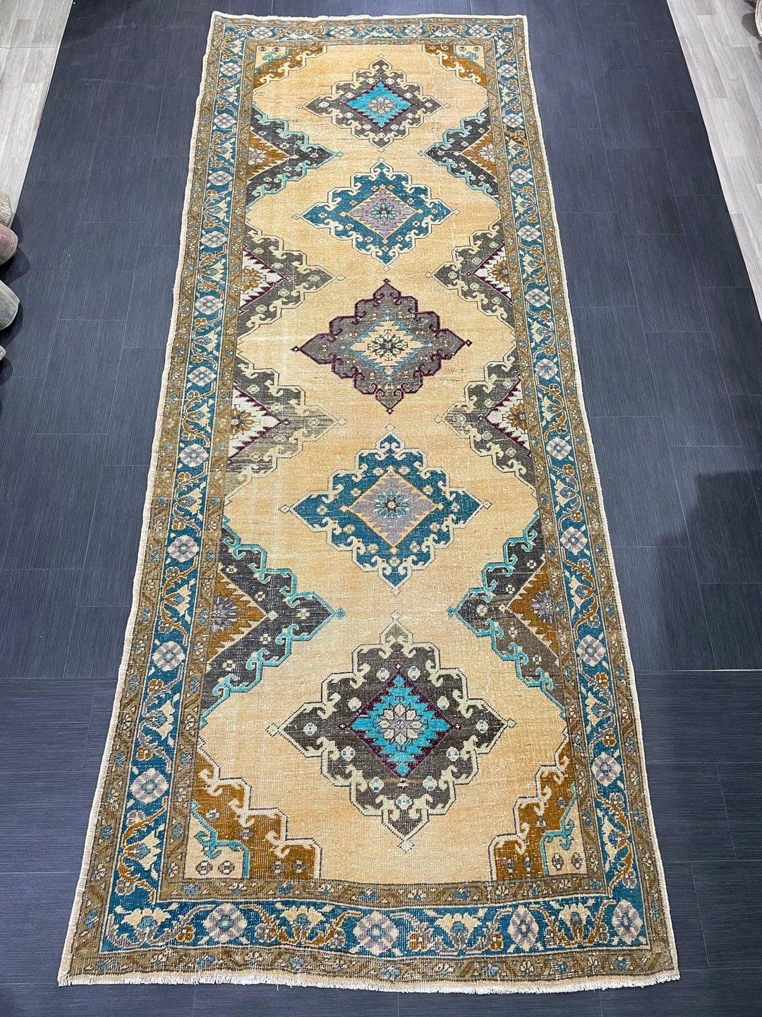 Beige Turkish Runner Rug 4' 11" x 13' Hand-Knotted | No. WR94332