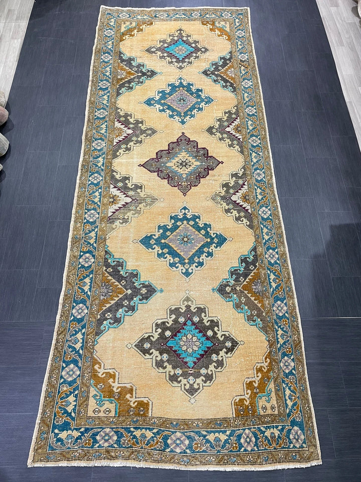 Beige Turkish Runner Rug 4' 11" x 13' Hand-Knotted | No. WR94332
