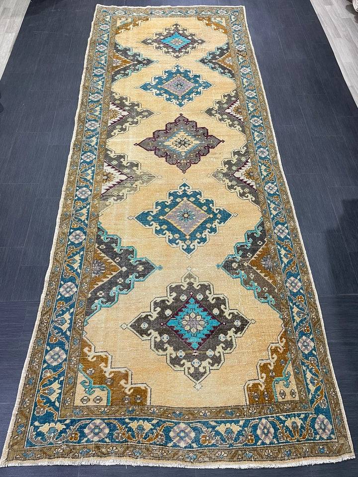 Beige Turkish Runner Rug 4' 11" x 13' Hand-Knotted | No. WR94332