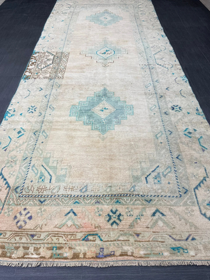 Beige Turkish Runner Rug 4' 6" x 11' 8" Hand-Knotted | No. WR95181
