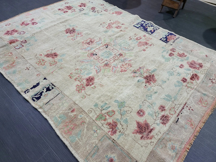 Beige Turkish Runner Rug 4' 1" x 5' 7" Hand-Knotted | No. WR96865