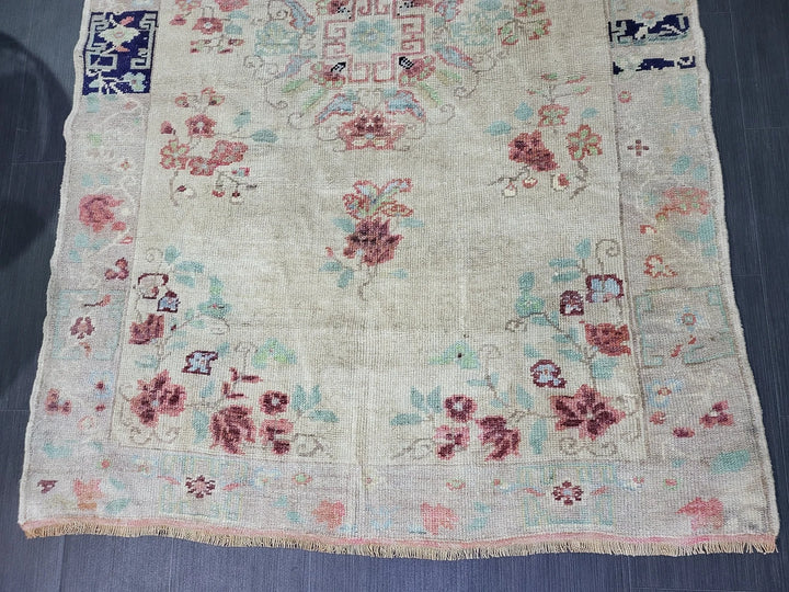 Beige Turkish Runner Rug 4' 1" x 5' 7" Hand-Knotted | No. WR96865