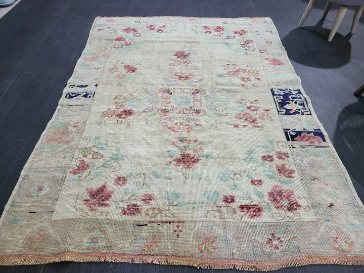 Beige Turkish Runner Rug 4' 1" x 5' 7" Hand-Knotted | No. WR96865