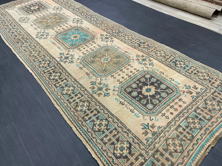 Beige Turkish Runner Rug 4' 7" x 12' 7" Hand-Knotted | No. WR96871