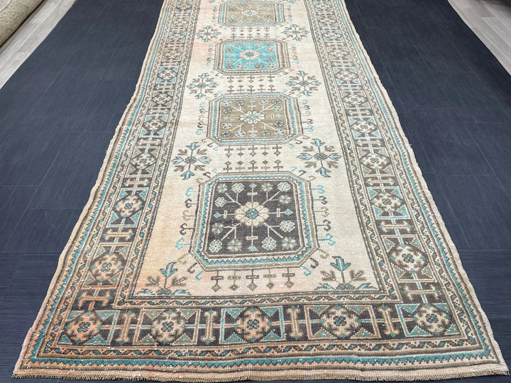 Beige Turkish Runner Rug 4' 7" x 12' 7" Hand-Knotted | No. WR96871