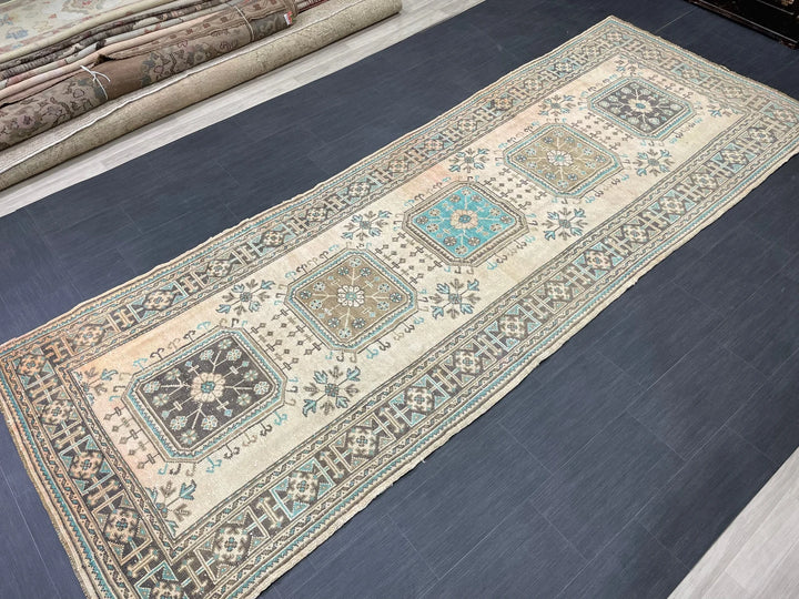Beige Turkish Runner Rug 4' 7" x 12' 7" Hand-Knotted | No. WR96871