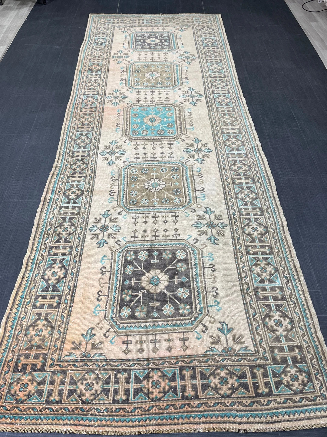 Beige Turkish Runner Rug 4' 7" x 12' 7" Hand-Knotted | No. WR96871
