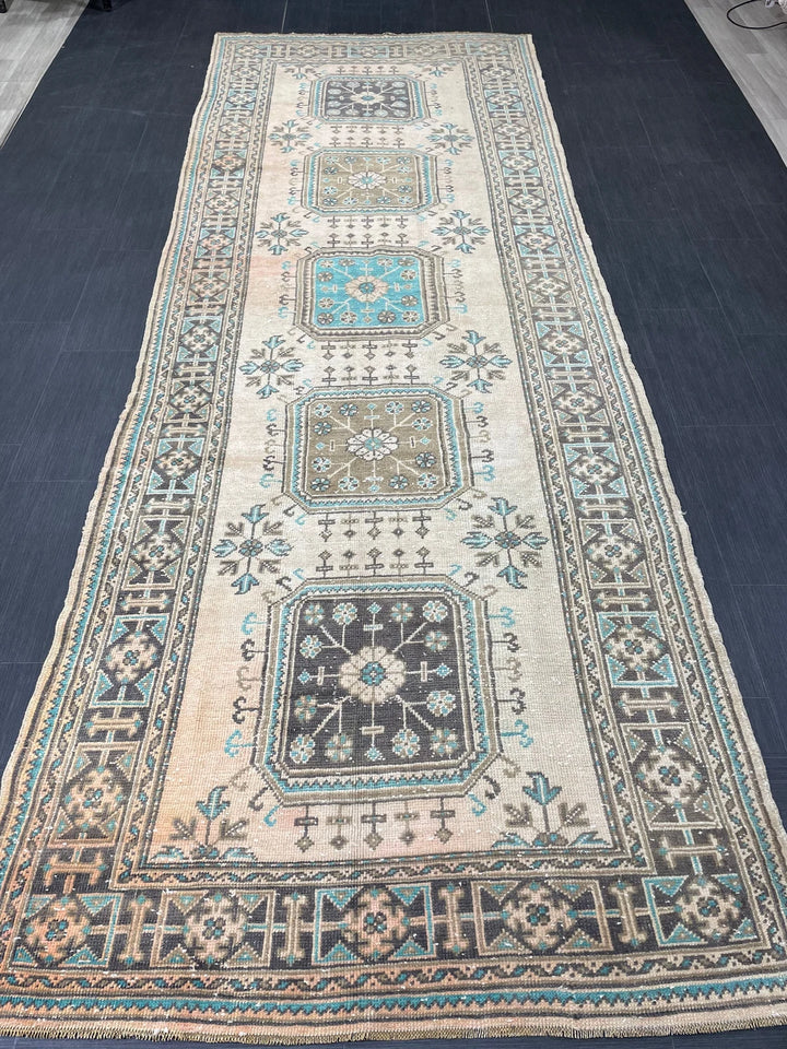 Beige Turkish Runner Rug 4' 7" x 12' 7" Hand-Knotted | No. WR96871